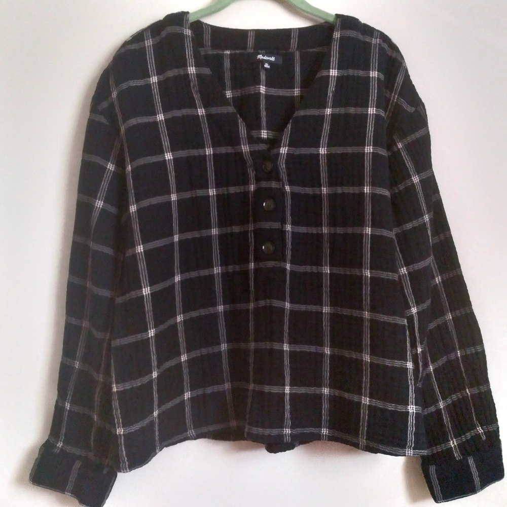 Madewell Cropped Cotton Lagenlook Top XL‎ Boxy Black White Window Pane Plaid